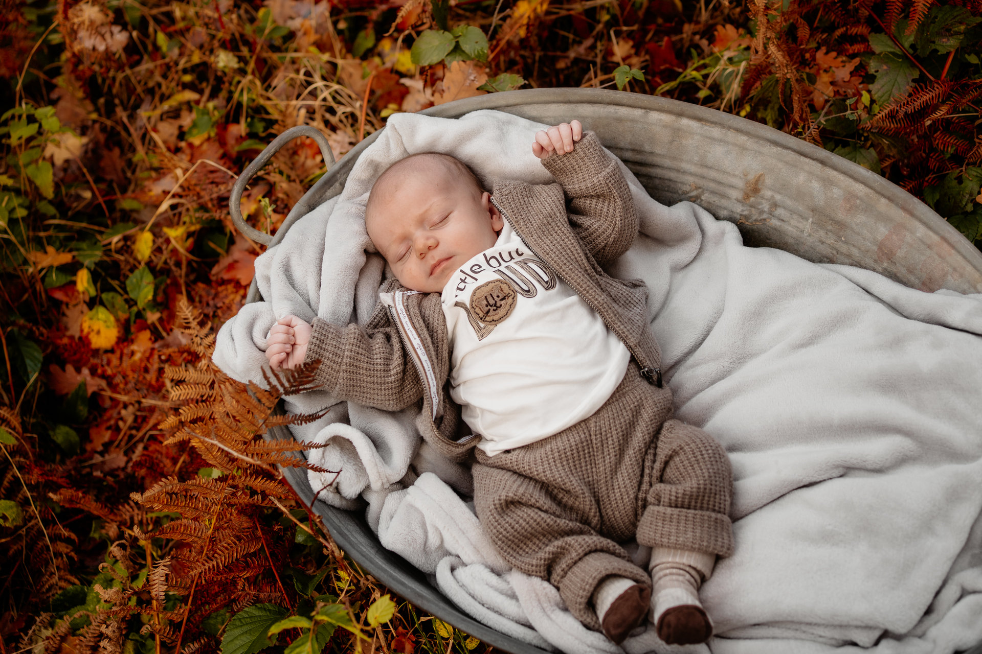 Un bébé qui dort dans un seau de feuilles.