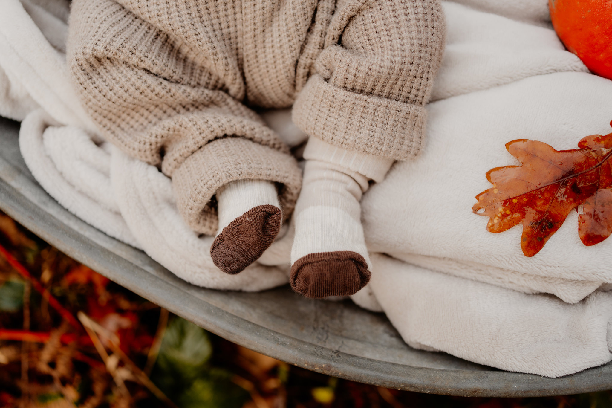 Un bébé est allongé dans un panier avec des citrouilles et des feuilles.